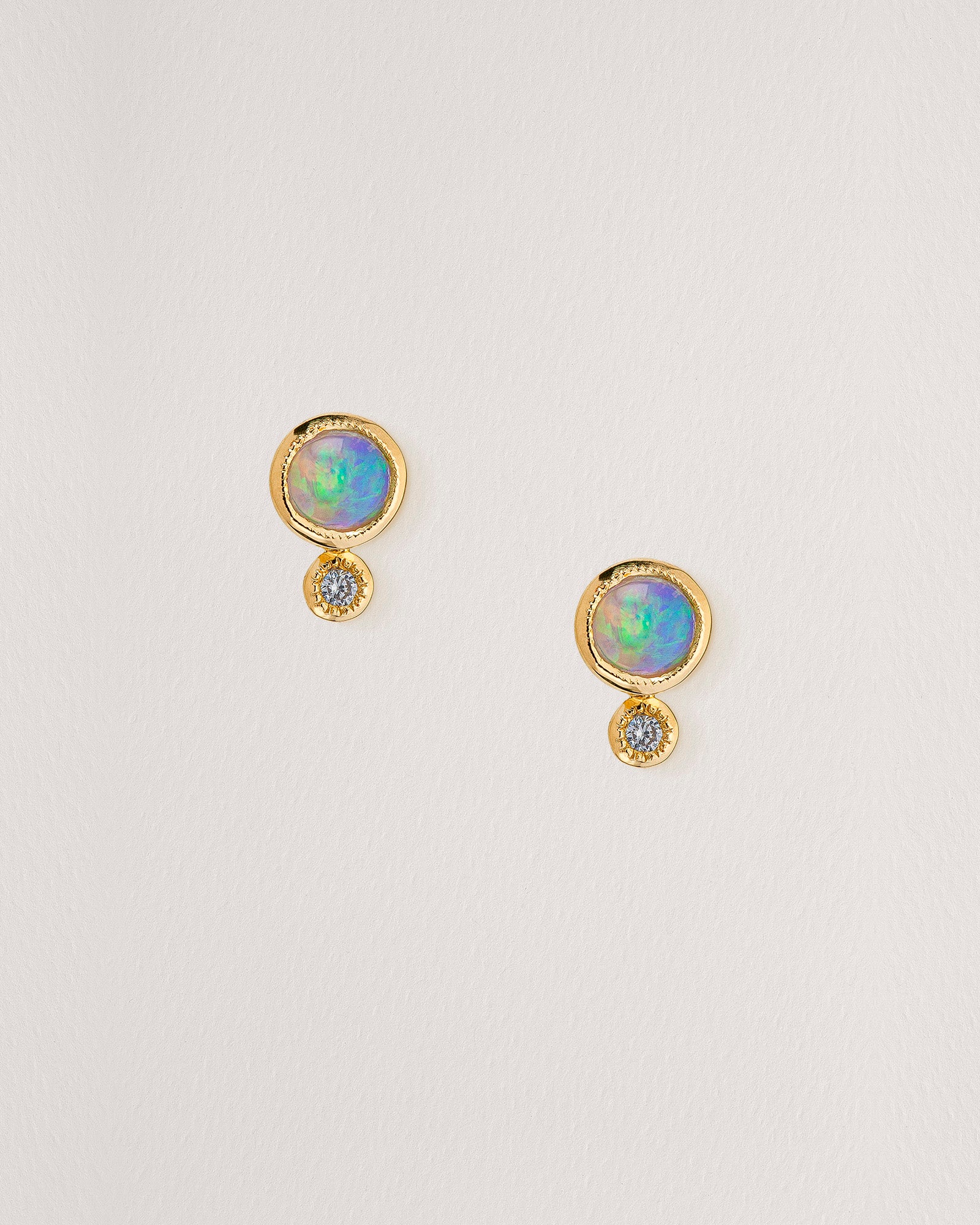 Rebecca Chaudhry 18ct Yellow Gold Opal and Diamond Duo Stud Earrings Pair E04-P Front