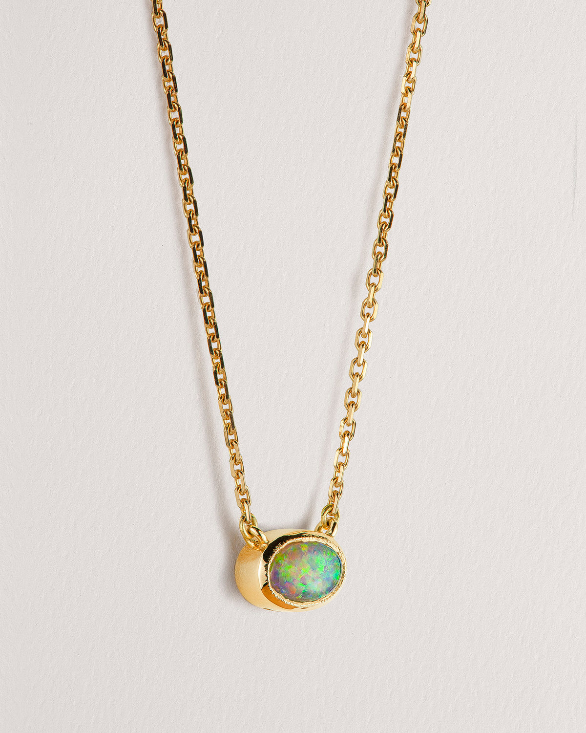 Rebecca Chaudhry 18ct Yellow Gold Milgrain Opal Necklace N01 Side