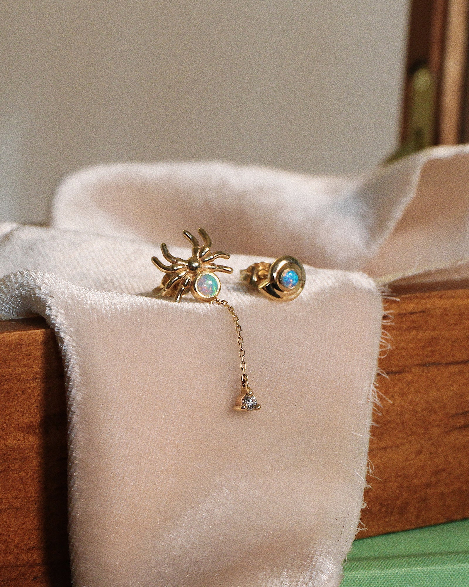 Opal Spider Stud Earrings with Diamond Web - Pair